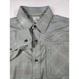 Ascend Mens Grey Blue Plaid Long Sleeve Button Down Shirt Large Zip Chest Pocket
